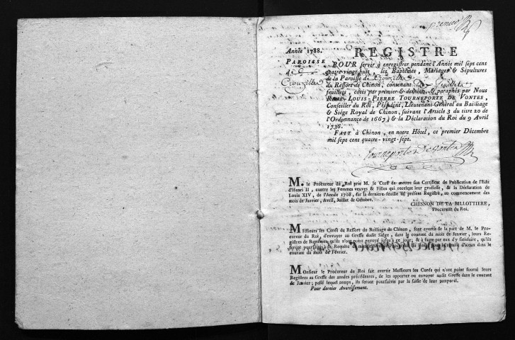 Collection du greffe. Baptêmes, mariages, sépultures, 1788