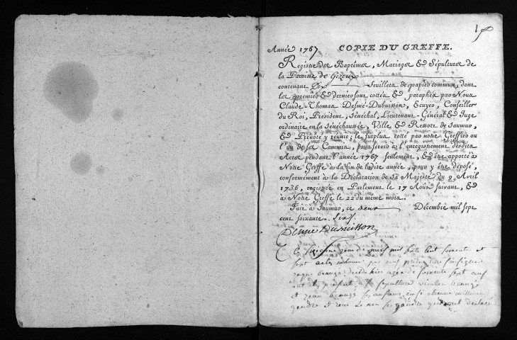 Collection du greffe. Baptêmes, mariages, sépultures, 1767