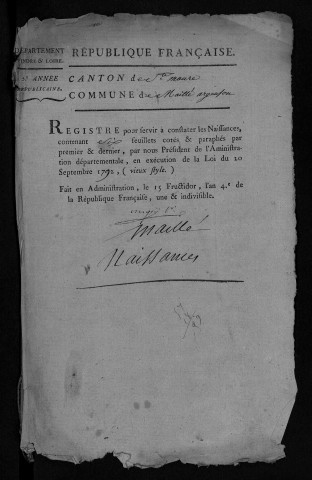 Naissances, mariages, décès, an V-1806 - Pour les mariages de l'an VII et de l'an VIII, se reporter à la municipalité de canton (Sainte-Maure)