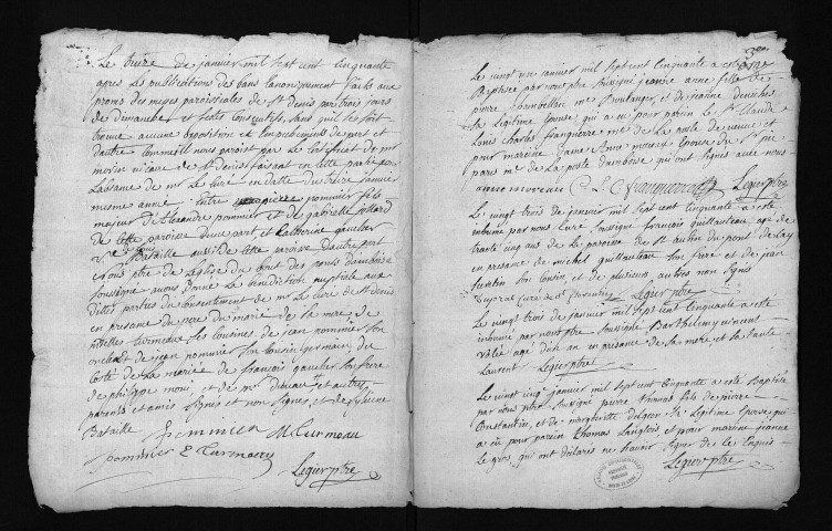 Collection du greffe. Baptêmes, mariages, sépultures, 27 octobre 1749-4 janvier 1751