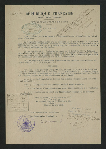 Arrêté prorogeant le délai d'exécution des travaux sur le vannage (20 octobre 1917)