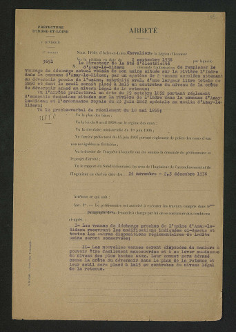 Arrêté préfectoral autorisant la modification des vannes de décharge (29 décembre 1936)