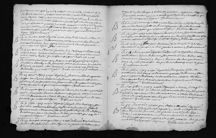 Baptêmes, mariages, sépultures, 1707 - L'année 1706 est lacunaire dans la collection du greffe