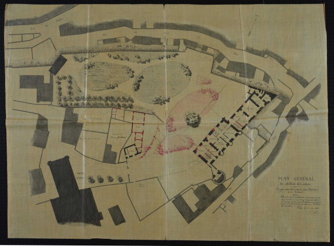 "Plan général du château de Loches occupé par la sous-préfecture et le tribunal, dressé par l'architecte de la ville de Loches pour être annexé à son devis d'appropriation à l'usage de la sous-préfecture après la construction du nouveau palais de justice."