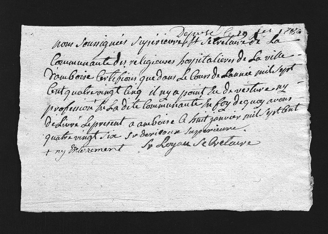 Collection du greffe. Vêtures, professions, sépultures, 1785 (certificat négatif)