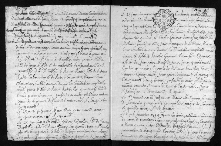 Collection du greffe. Baptêmes, mariages, sépultures, 1734