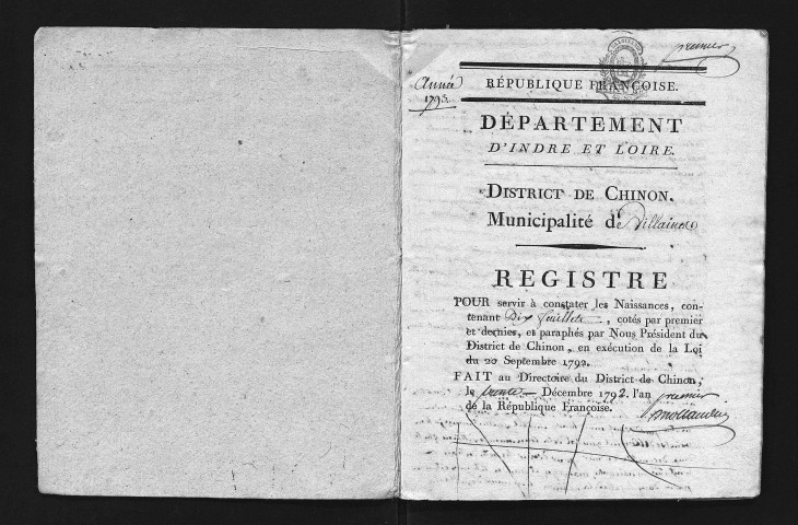 Naissances, mariages, décès, 1793-an VII - Pour les mariages de l'an VII, se reporter à la municipalité de canton (Azay-le-Rideau)