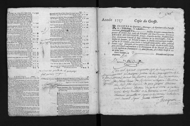 Collection du greffe. Baptêmes, mariages, sépultures, 1757