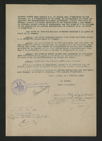 Arrêté préfectoral de mise en demeure d'exécution de travaux sur les vannes (3 décembre 1920)