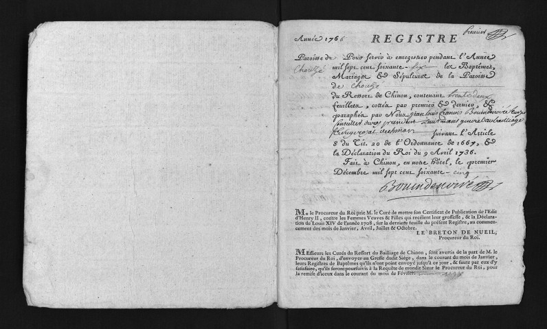 Collection du greffe. Baptêmes, mariages, sépultures, 1766