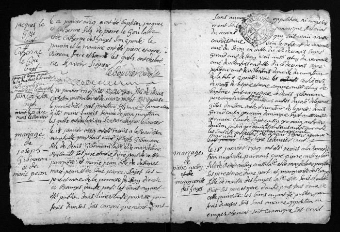 Collection du greffe. Baptêmes, mariages, sépultures, 1729