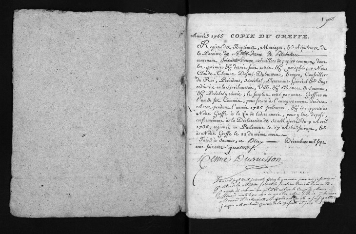 Collection du greffe. Baptêmes, mariages, sépultures, 1765