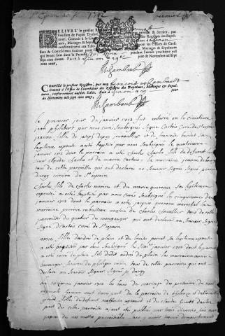 Baptêmes, mariages, sépultures, 1712 - Les années 1707-1711 sont lacunaires dans la collection du greffe
