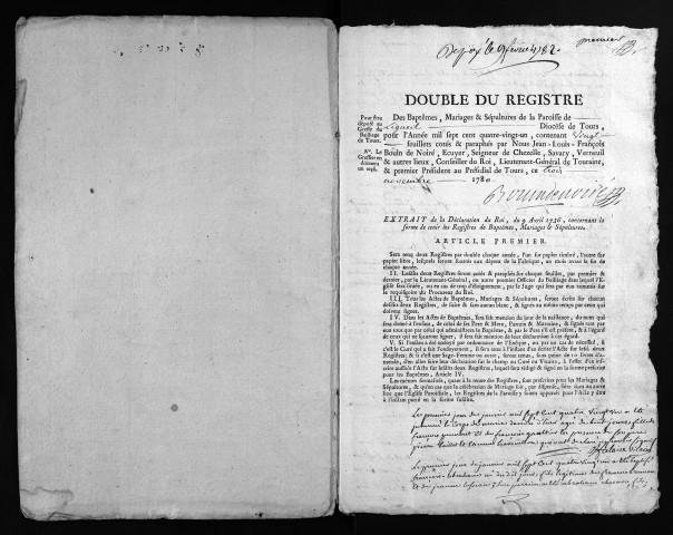 Collection du greffe. Baptêmes, mariages, sépultures, 1781