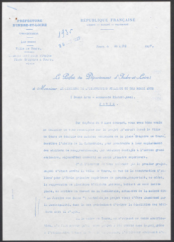 Note du préfet d'Indre-et-Loire au ministre de l'Instruction publique et des beaux-arts indiquant que le projet de destruction des maisons anciennes est abandonné par la Ville de Tours (1/2).