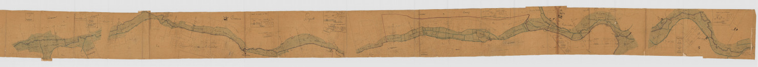 Plan général de la rivière de la Ligoire et des moulins situés sur ce cours d'eau dans les communes de Mouzay, Vou, Bournan et Civray [Sepmes] (1er mars 1855)
