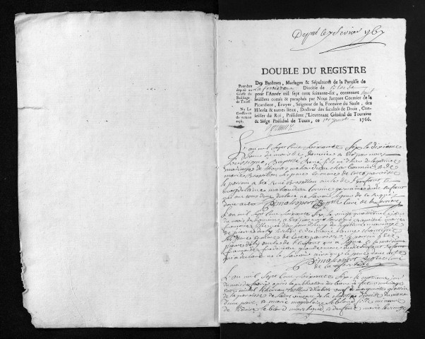 Collection du greffe. Baptêmes, mariages, sépultures, 1766