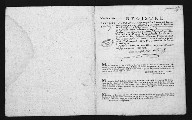 Collection du greffe. Baptêmes, mariages, sépultures, 1790