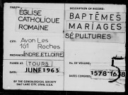 Baptêmes, mariages, sépultures, 1578-1685 - Les registres sont reliés dans le désordre à partir de 1668. Les images n°477 à 479 contiennent un relevé des actes entre 1677 et 1734.