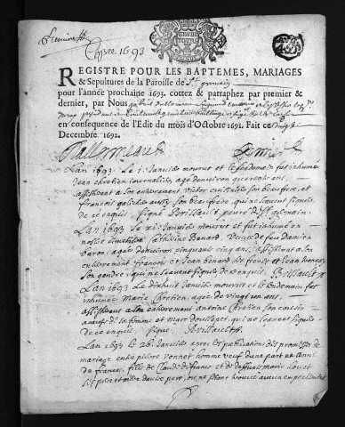 Baptêmes, mariages, sépultures, 1693