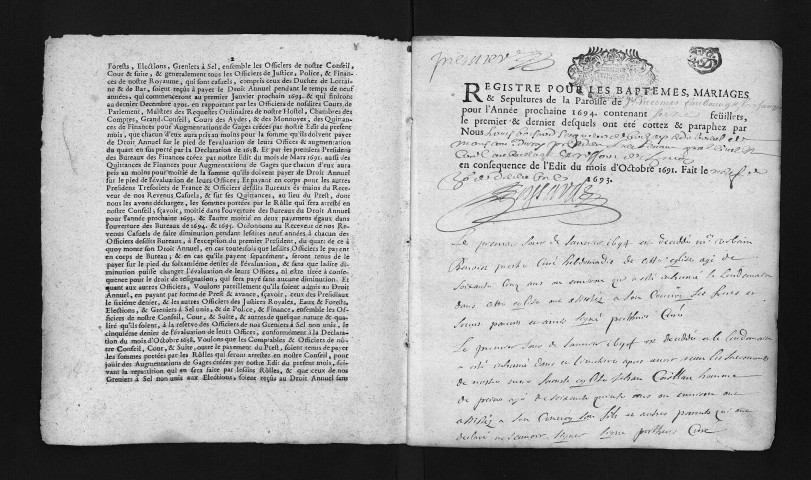 Collection du greffe. Baptêmes, mariages, sépultures, 1694 - Les années 1680-1693 sont lacunaires dans cette collection