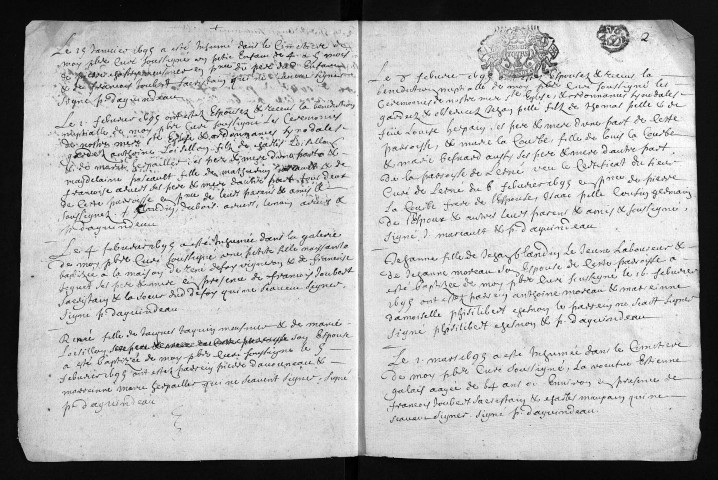 Baptêmes, mariages, sépultures, 1695 - Les années 1692-1694 sont lacunaires dans la collection du greffe