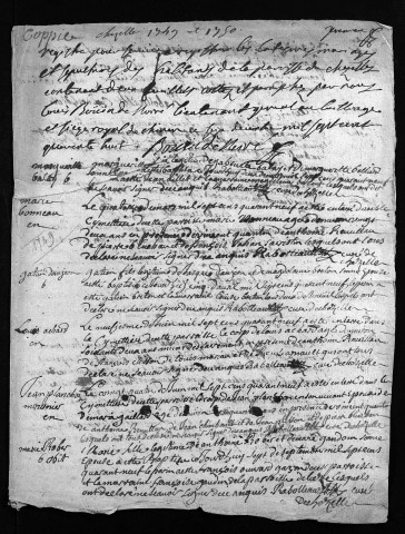 Collection du greffe. Baptêmes, mariages, sépultures, 1749-1750