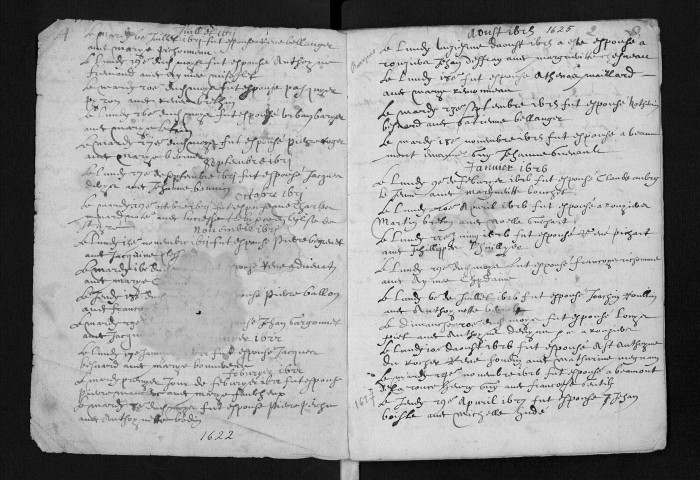 Collection communale. Mariages, 1620-1663 (ff. 1-42) ; sépultures, 1622-1659 (ff. 43-62) ; baptêmes, mariages, sépultures, 1668-1681 (ff. 64-165)
