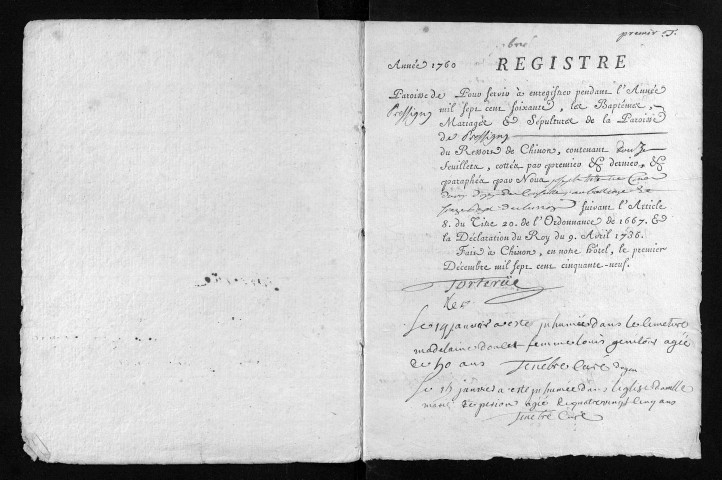 Collection du greffe. Baptêmes, mariages, sépultures, 1760