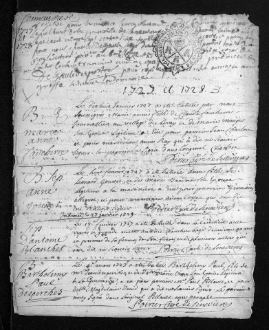 Baptêmes, mariages, sépultures, 1727-1728