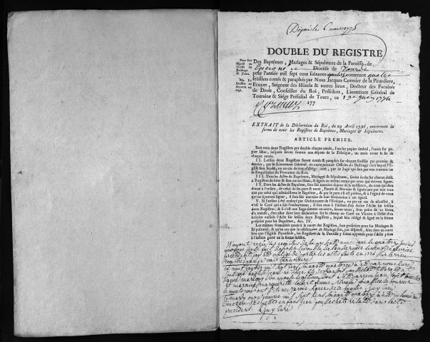 Collection du greffe. Baptêmes, mariages, sépultures, 1774-1775