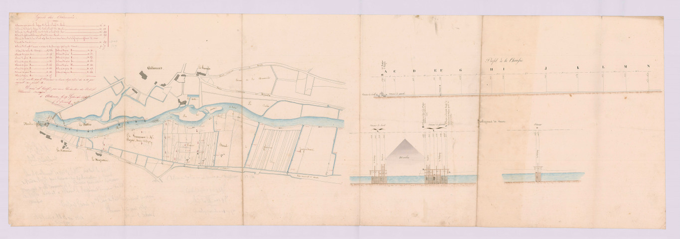 Plan général avec les cotes de vérification figurées ou plan et nivellement du moulin et de sa partie amont (19 septembre 1845)