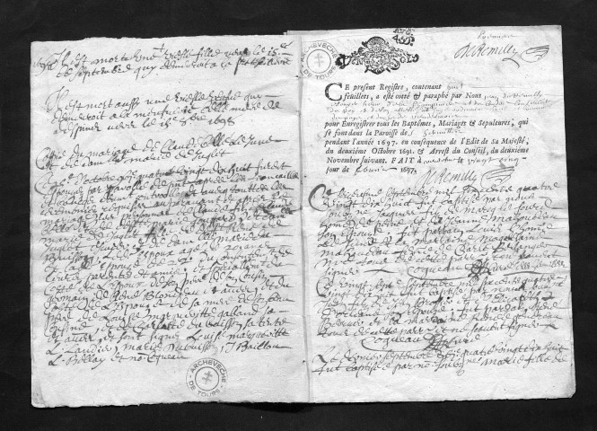 Baptêmes, mariages, sépultures, septembre 1698-janvier 1699 ; un baptême du 9 mai 1705