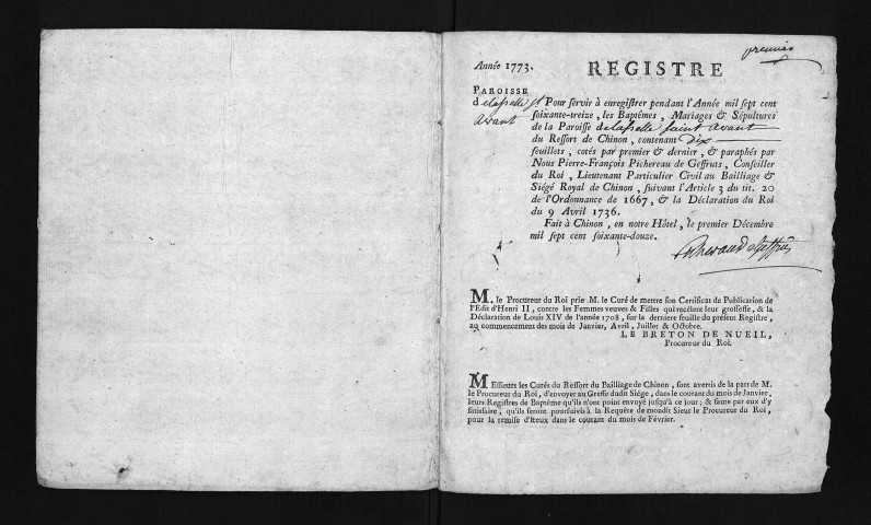 Collection du greffe. Baptêmes, mariages, sépultures, 1773