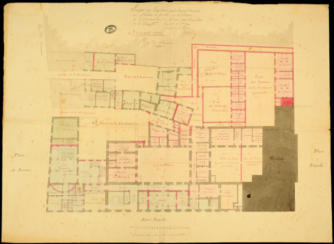Achat de l'hôtel de la Crouzille et projets consécutifs d'agrandissement des prisons : procès-verbaux d'estimation, documents d'assurance, extraits de délibérations du conseil général et du conseil municipal, notes, correspondance, affiches, devis, plans (1811, 1823-1837). Palais de justice et prisons, travaux d'entretien et de réparation : notes, correspondance, plan (1833-1843).