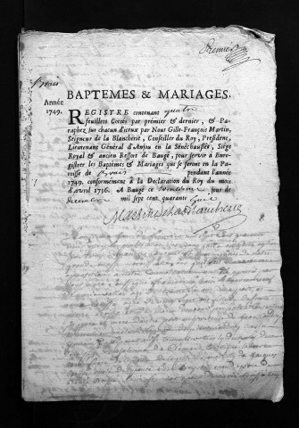 Collection du greffe. Baptêmes, mariages, sépultures, 1749