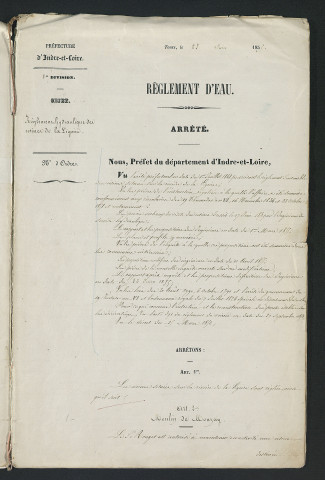 Arrêté portant règlement hydraulique des usines de la rivière de la Ligoire (23 juin 1855)
