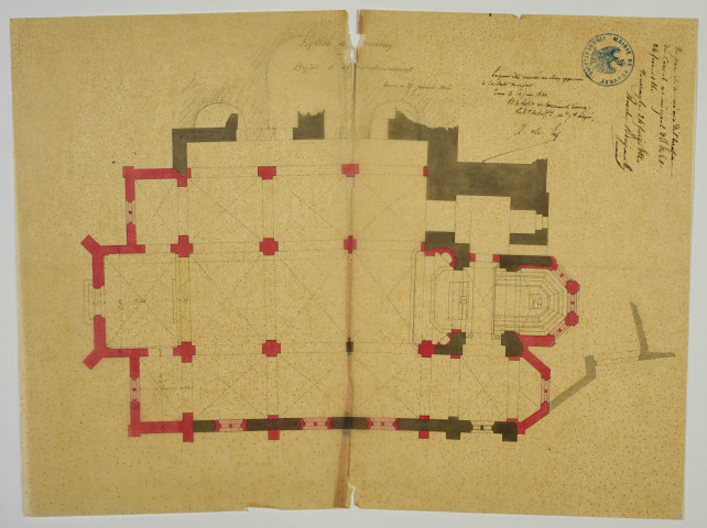 Plan projet de couverture et réparation du clocher [1824], plan de l'église en l'état actuel (1859), huit plans projet d'agrandissement (1859), deux plans projet d'agrandissement (1860),