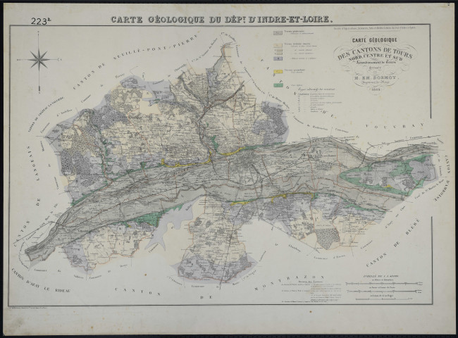 Carte géologique des cantons de Tours nord, centre et sud dressée par Emile Dormoy, ingénieur des mines (1869).
