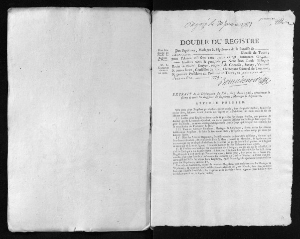 Collection du greffe. Baptêmes, mariages, sépultures, 1780