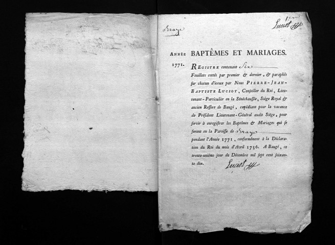Collection du greffe. Baptêmes, mariages, sépultures, 1771