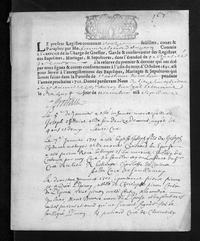 Collection du greffe. Baptêmes, mariages, sépultures, 1701