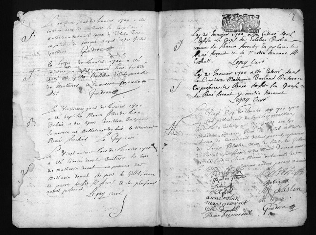 Collection du greffe. Baptêmes, mariages, sépultures, 1700-1701 - Relevé lacunaire des actes, notamment des mariages