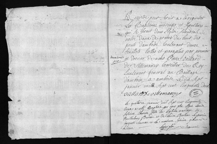 Collection du greffe. Baptêmes, mariages, sépultures, 14 janvier 1752-5 mars 1753