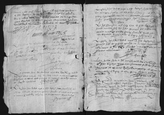 Collection communale. Baptêmes, juillet 1604-mai 1607. Une liste des mariages et des sépultures de 1605 à 1607 est intercalée dans le registre