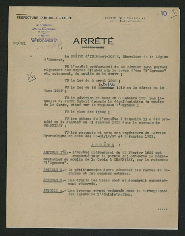 Arrêté préfectoral ordonnant la désaffectation du moulin (9 février 1953)