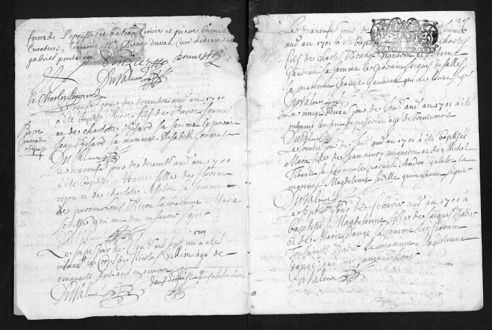 Collection communale. Baptêmes, mariages, sépultures, déc 1700-1725