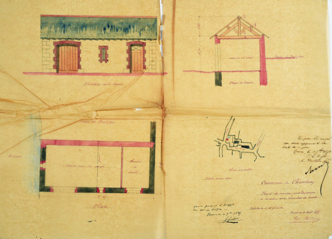 Ecole de garçons : plan de construction (1887, 1913). Pompe à incendie : plan (1875).