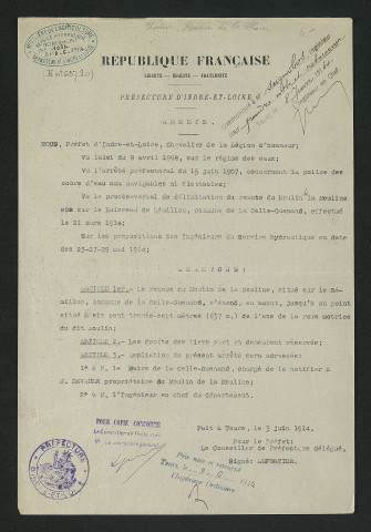 Arrêté préfectoral de délimitation du remous (3 juin 1914)