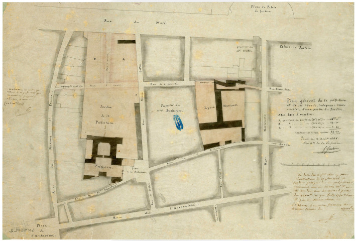 Jardin. - Travaux (an IX-1939), vente de terrains (1833-1845, 1883) : extraits de délibérations, rapports, notes, plans, budgets, affiches, catalogues, devis, mémoires, correspondance.